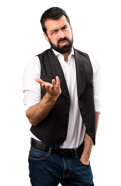 Tired cool man on isolated white background