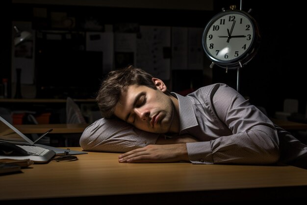 Photo tired corporate employee falling asleep on desk table