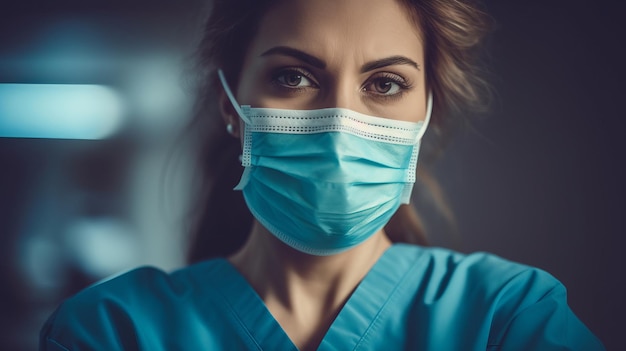 Tired depressed female scrub nurse with face mask and in clinic uniform