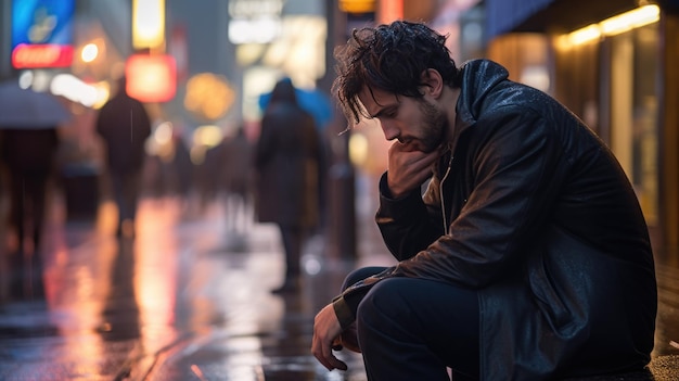 写真 街の通りで疲れて落ち込んでいる男性