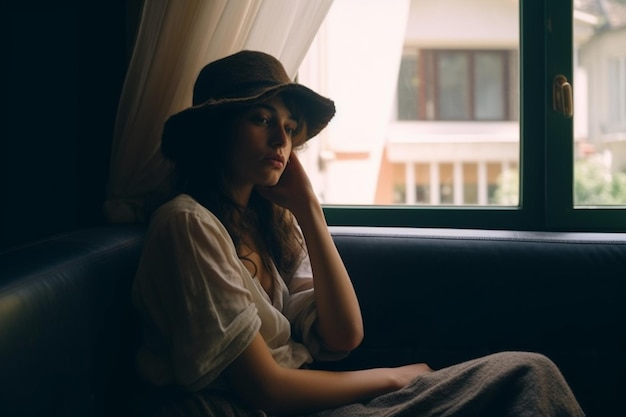 Photo a tired and depressed mediterranean woman is sitting on the sofa near the window at home