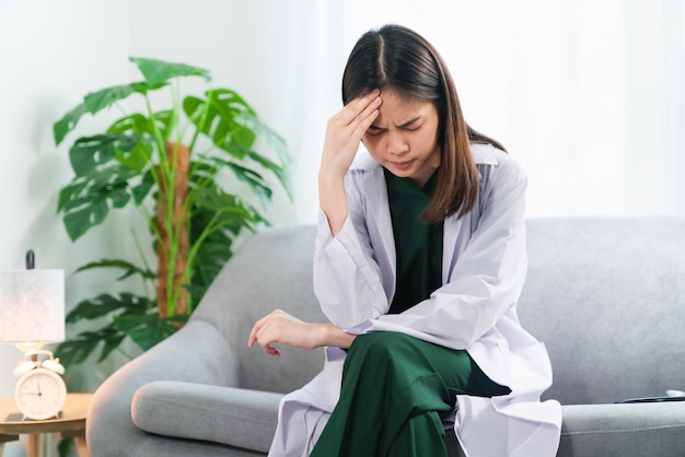 Tired doctor sitting on the sofa at home