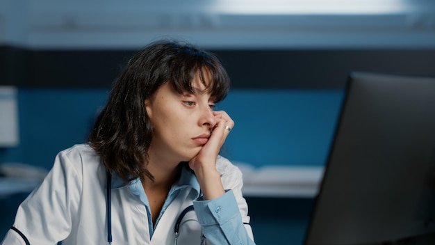 Tired doctor woman falling asleep while working late at night\
in hospital office, analyzing patient disease report on computer\
typing medical expertise. stressed medic planning health care\
treatment