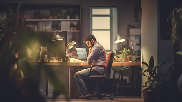 Tired exhausted arabic or indian man office worker manager or freelancer sitting at his desk tir