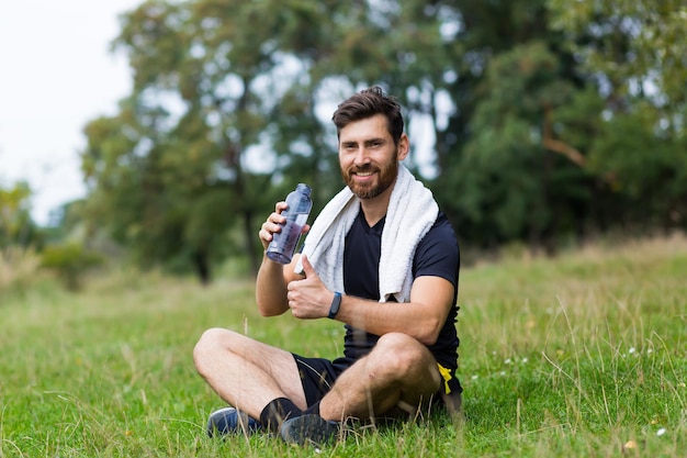 Stanco esaurito disidratato atleta uomo runner bottiglia di acqua potabile dopo l'allenamento. bevanda sportiva in bottiglia. sportivo maschio. corridore sudato e assetato dopo una corsa difficile all'aperto nel parco cittadino