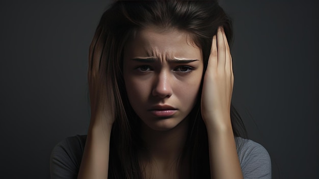 a tired exhausted teen girl holding her temple in pain against a grey background the concept of headache migraine cephalalgia hypertension and premenstrual syndrome