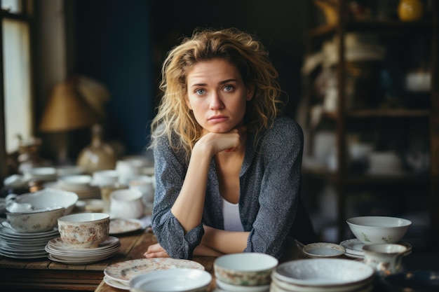 Tired exhausted woman sitting at table with many plates