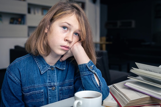 Ragazza stanca davanti a un laptop con una tazza di tè e libri