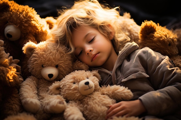 A tired girl sleeps with her teddy bears