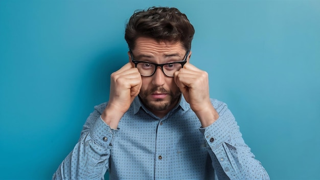 Tired guy takeoff glasses and rubbing eyes