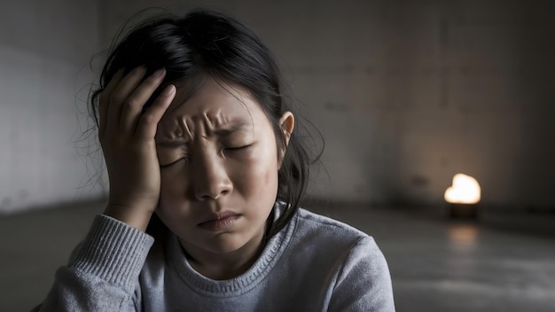 写真 頭痛に苦しむ疲れた韓国人少女