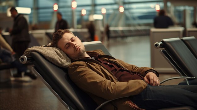 Photo a tired male passenger sleeps on the seats waiting for boarding in the departure area of the airport terminal traveling concept