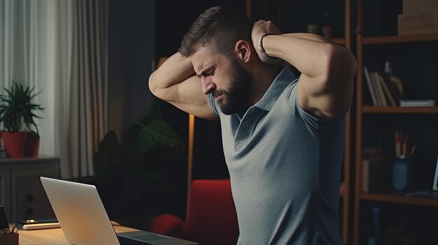 Tired man stretch his body after a hard day of work at the desk Shoulder back pain health muscle Overworked freelance stretching neck and massaging