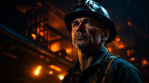 Tired miner portrait on dark background Dirty man worker in hardhat