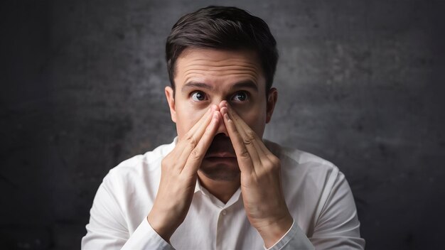 Tired overworked man in white clothes massages nose bridge takes off glaasses