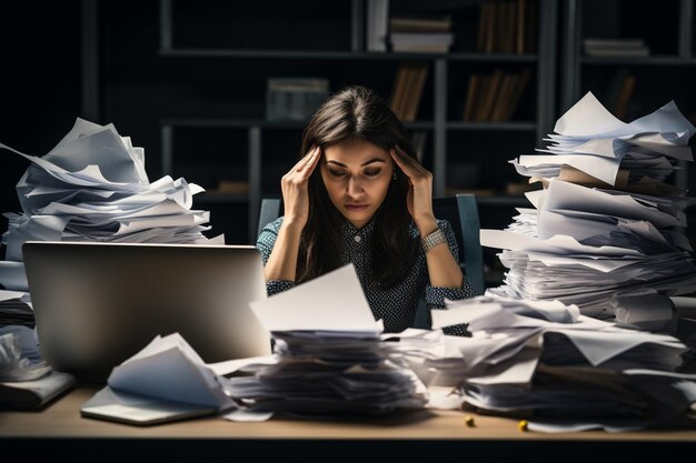 Photo tired overworked secretary or accountant working at laptop near pile of folders and throwing papers