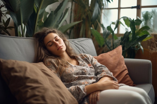 Уставшая спокойная красивая женщина спит на уютном диване в гостиной лежит на животе истощенный йо