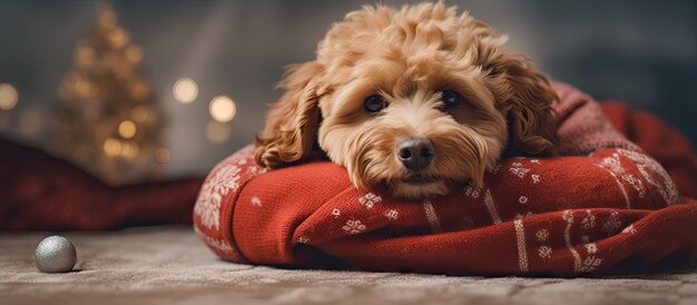 Tired red dog resting on owner s legs loved and cared for by old lady celebrating holidays with family