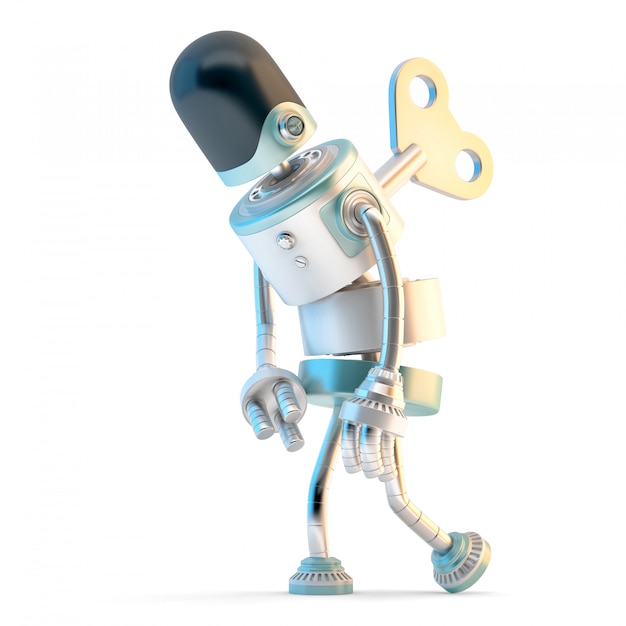 Tired Robot with wind-up key sticking into his back