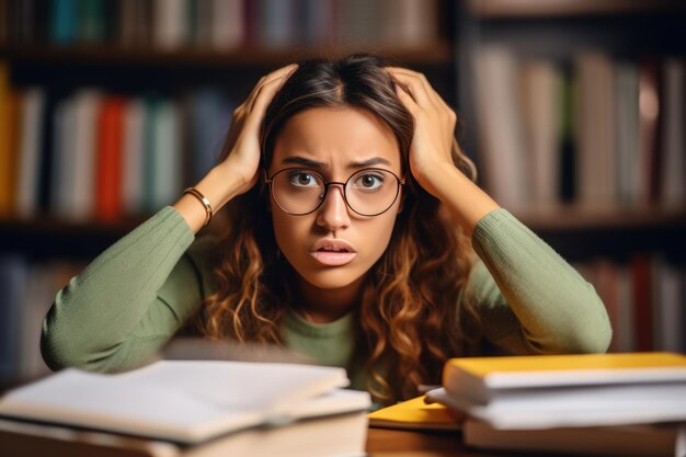 Photo a tired and sad young woman studying who has problems with poor university entrance exam results