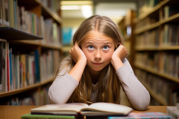 Tired schoolgirl sitting at table in library Generative AI