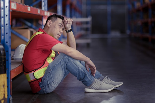 Tired stress Asian male worker labor hard working fatigue sitting resting in warehouse cargo inventory industry