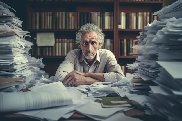 Tired stressed frustrated teacher among pile of paperwork