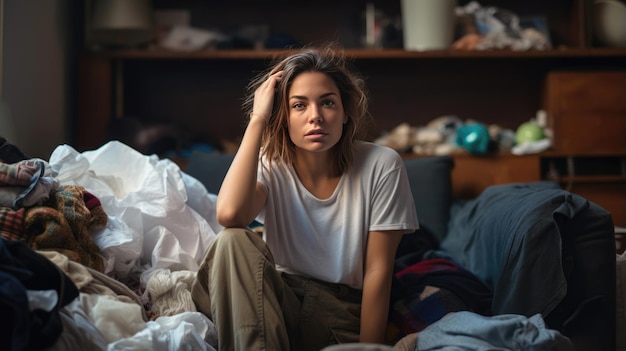 Photo tired woman sits in a pile of dirty clothes