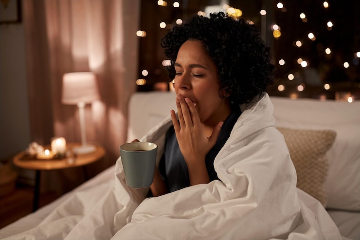 Photo tired woman with coffee yawning in bed at night