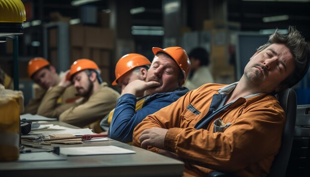 Фото Усталые рабочие празднуют день труда на работе фотография эмоциональная концепция дня труда