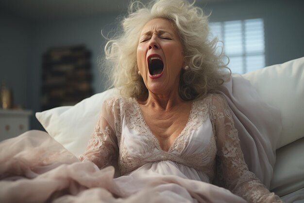 Photo tired yawing woman in white bed in the morning