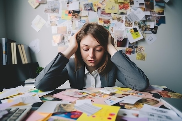 A tired young businesswoman a clerk sits in the office at the table with her eyes closed and her head in her hands against the background of a wall hung with a lot of stickers