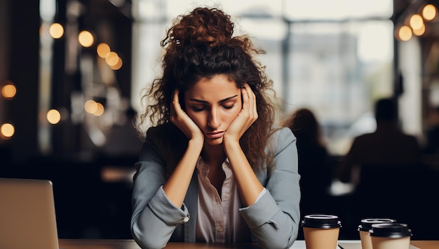 Una giovane donna d'affari stanca seduta in un caffè e che tiene la testa con le mani