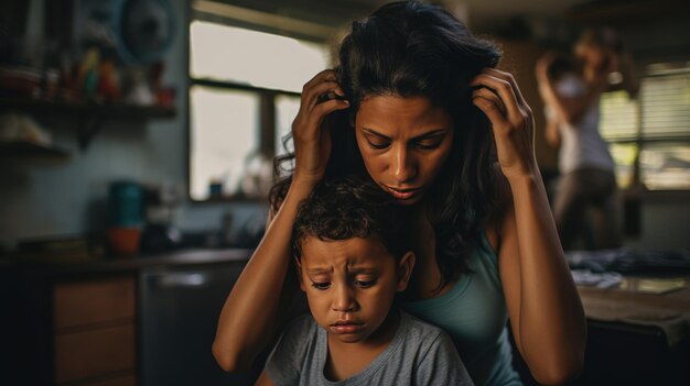 Photo tired young mother is at home with her baby