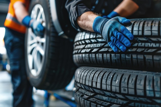 Tires in the auto repair service center