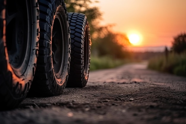 夕暮れ時に道路上のタイヤ