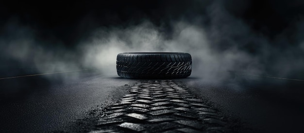 Tires stacked on an asphalt road emitting smoke under the cover of darkness against a black backdrop
