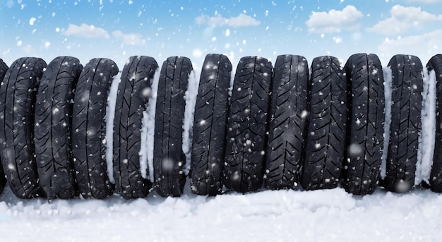 Tires stacked on top of others in a snowy winter race in HD