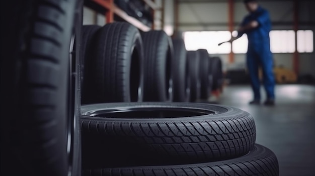 Tires in a warehouse with a man working in the background