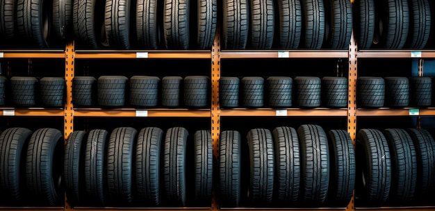 tires on a wooden shelf near rack