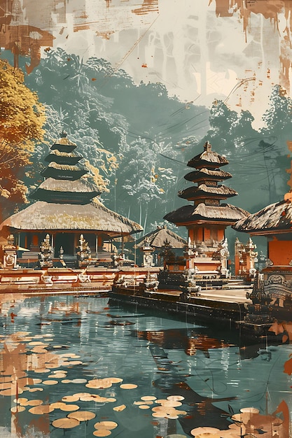 Photo tirta empul temple in bali with stone texture traditional ba illustration trending background decor