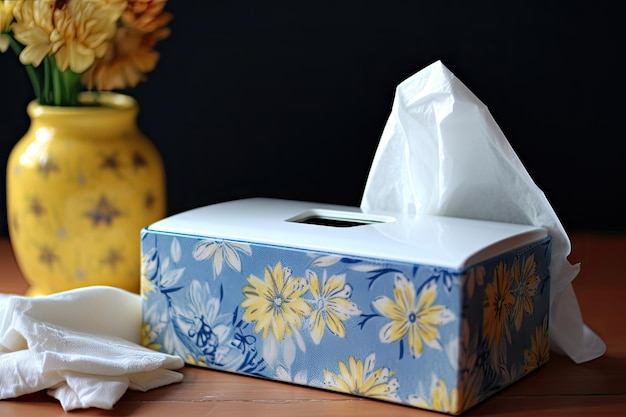 Photo tissue box filled with tissues and a nasal spray nearby created with generative ai