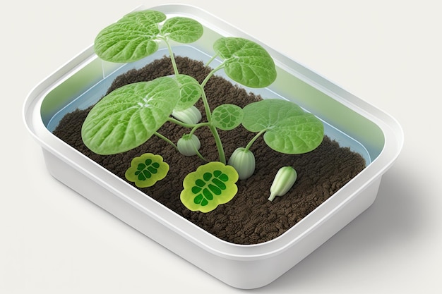 Tissue cultured cucumber seedling growing in a green tray