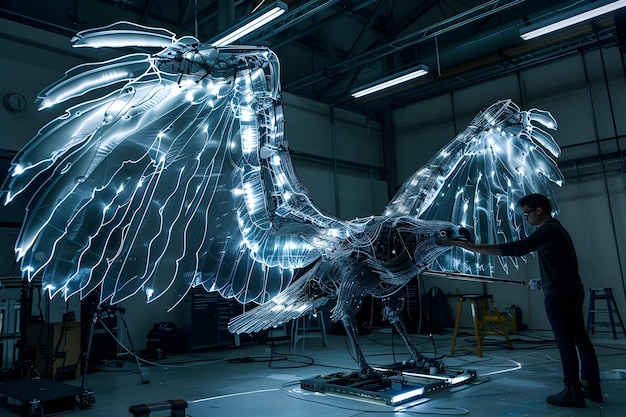 ロボット・タイタン・イーグル 完成に近づく 機械的な鳥の輝くワークショップ刻