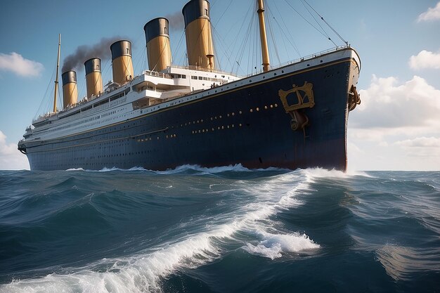Foto il titanic che naviga l'oceano al crepuscolo con le stelle e le nuvole nel cielo
