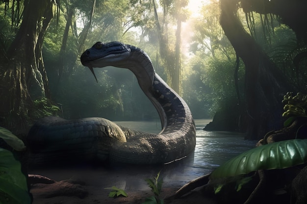 A Titanoboa snake in a jungle