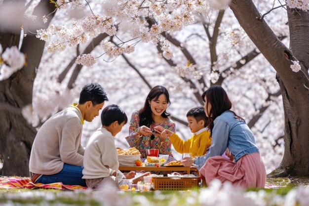 Titel Familie geniet van de kersenbloesem picknick