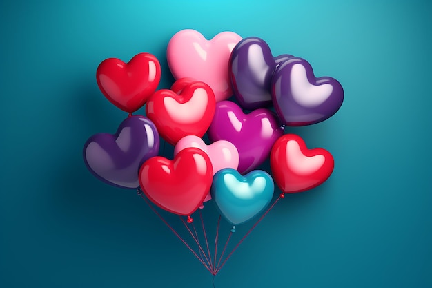 Titel Fantasy Balloon Odyssey ZBrushInspired kleurrijke hartballonnen op blauwe achtergrond