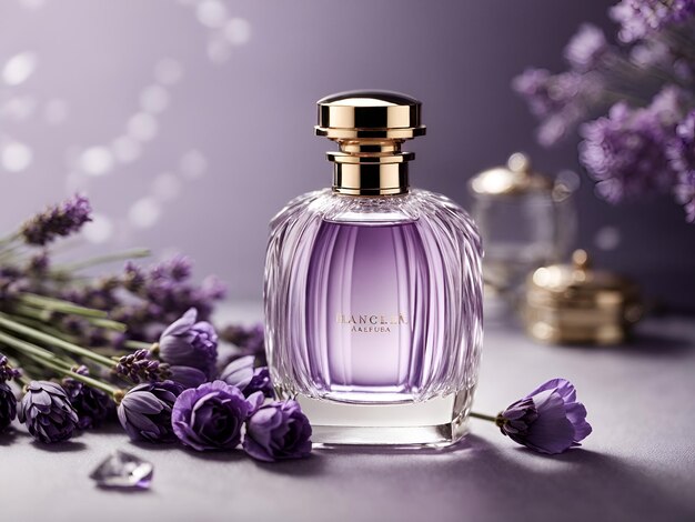 Titel Lavender Elegance Parfum fles en verspreide bloemen