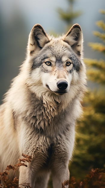 The title Beautiful Alaskan tundra wolf in closeup with a hazy background suggests an image captu